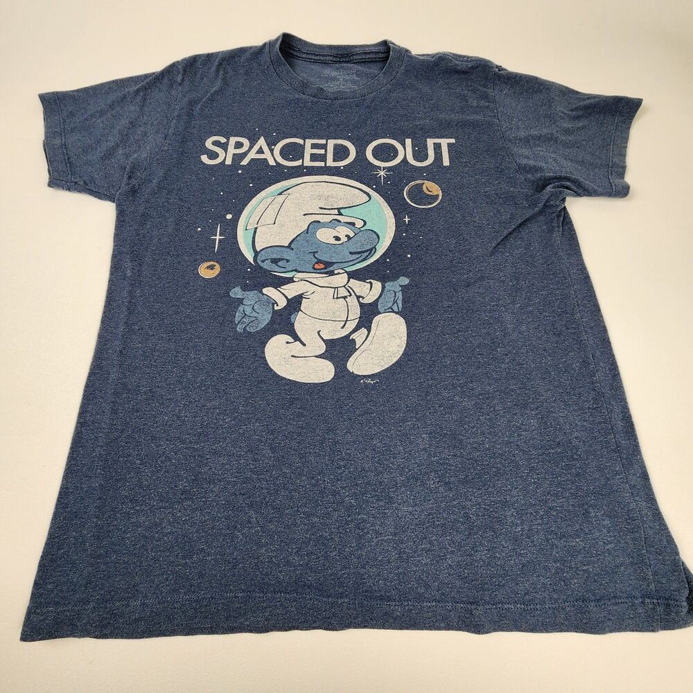 The Smurfs Spaced Out Graphic T-Shirt Mens Medium Blue Heather Astronaut Tee